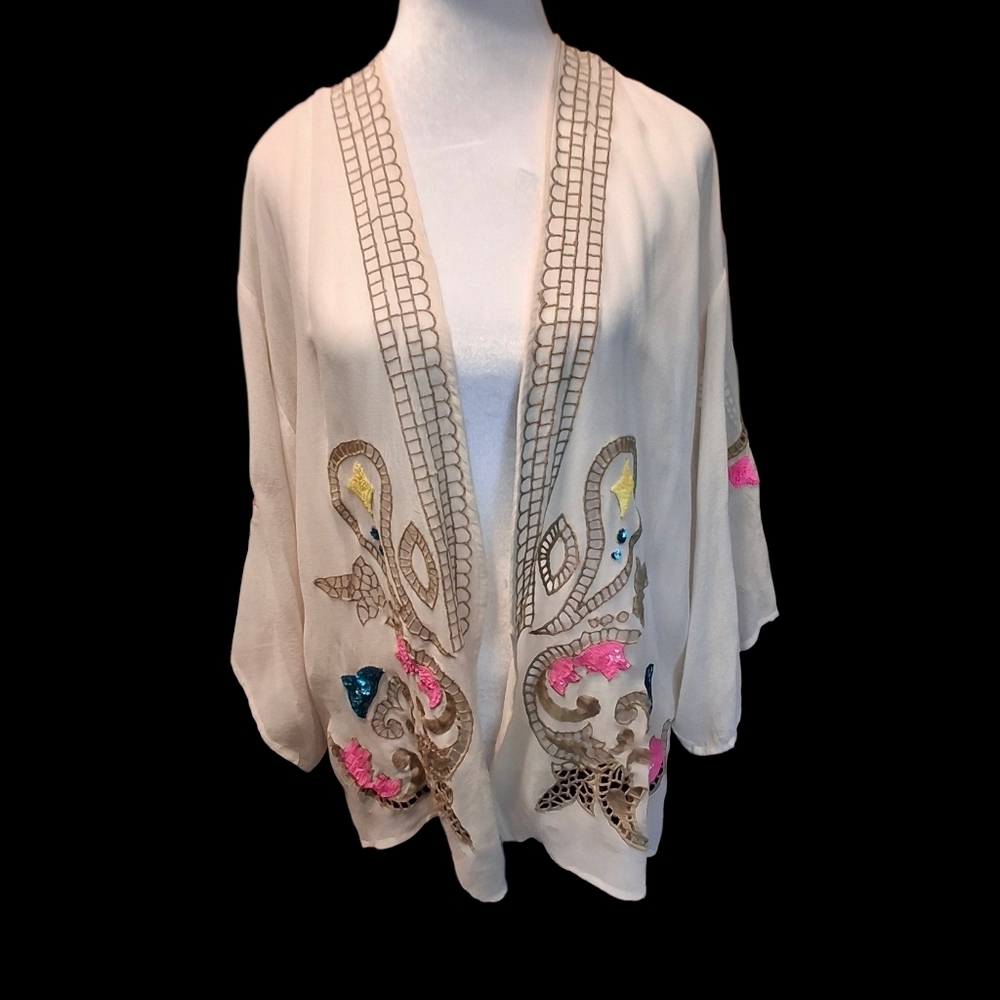 Tracy Reese Silk Embellished Open-front Sleeve Kimono Blouse Women Size X-Small - Picture 2 of 16